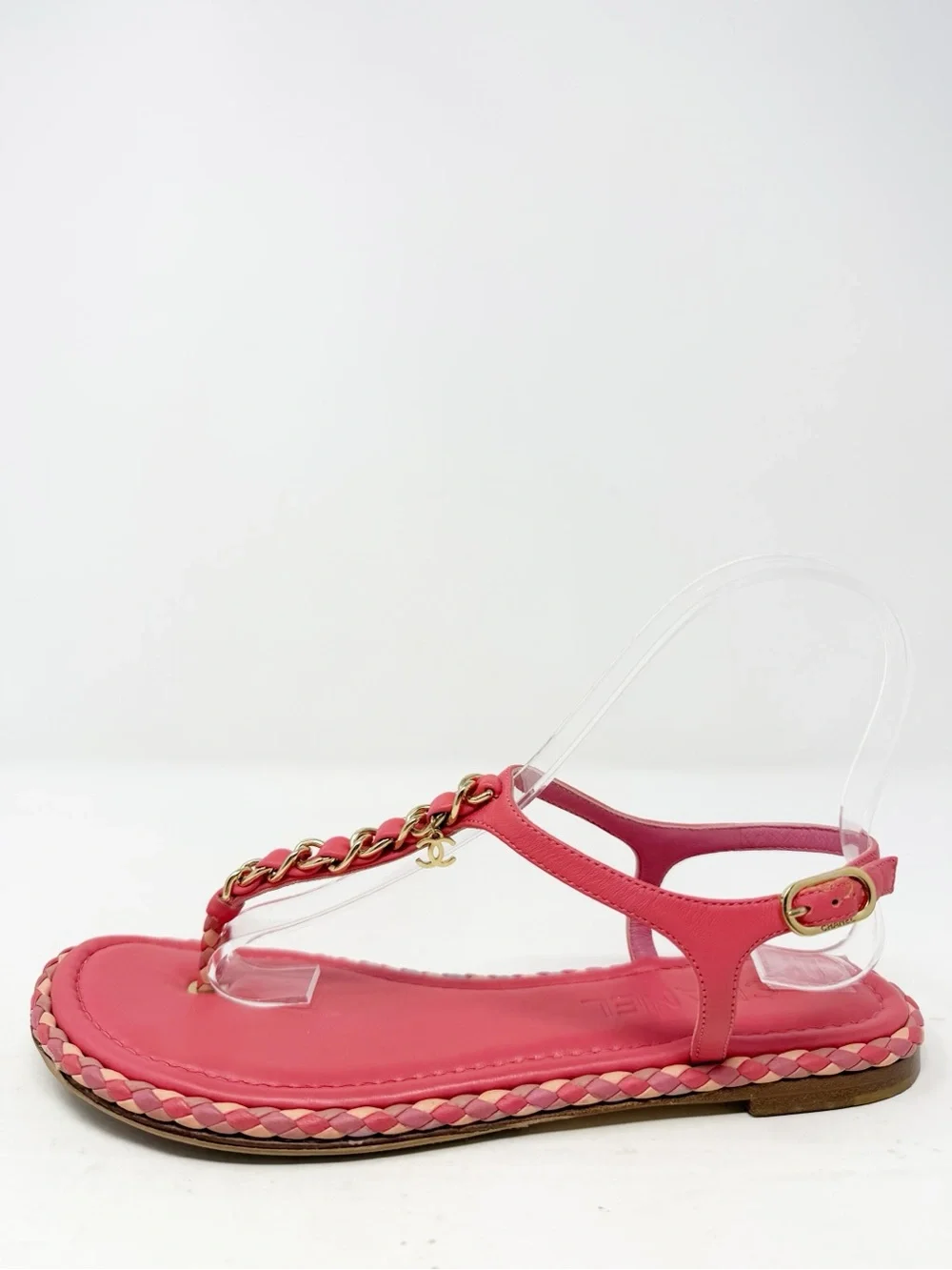 Chanel Chain CC Thong Flat Sandals Pink Womens Size EU 38
